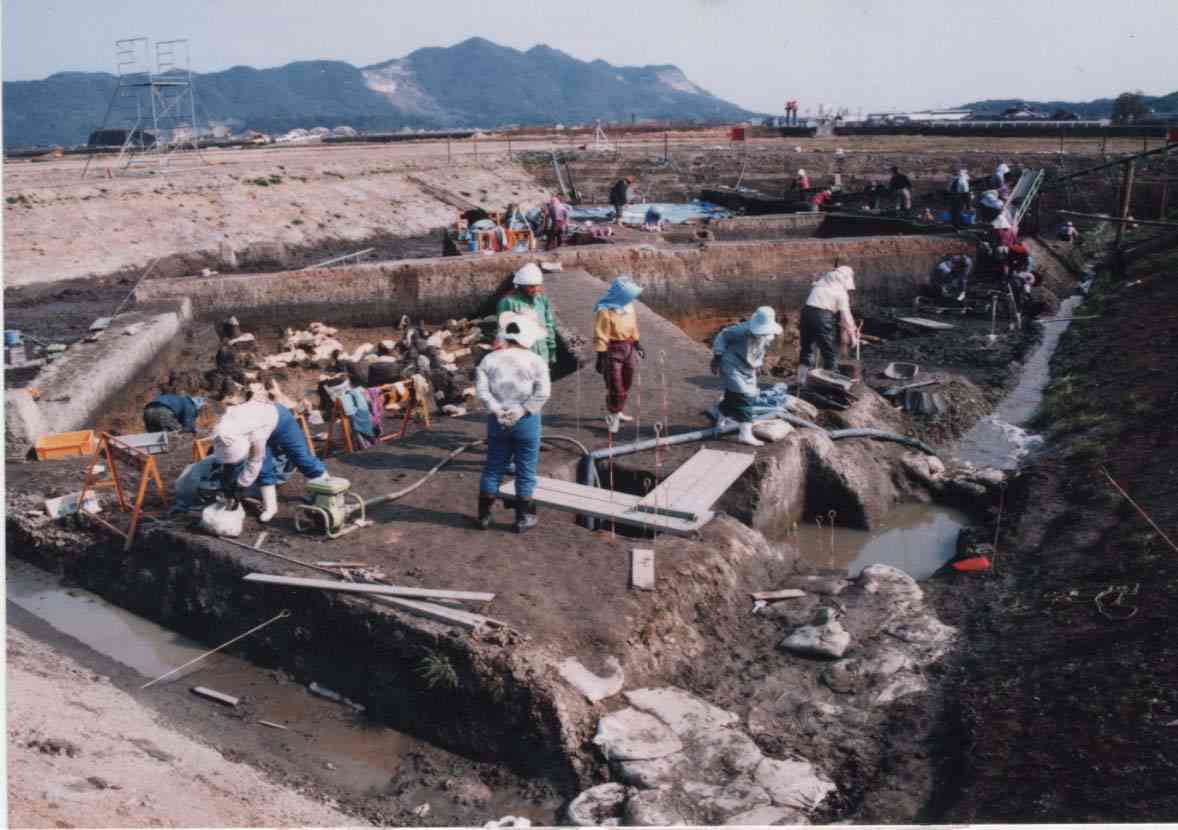 木製短甲が出土した柳町遺跡の発掘現場＝1995年2月