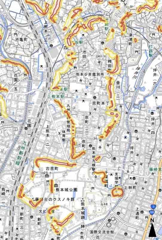 熊本市街地周辺の土砂災害ハザードマップ。熊本城の周囲から北側の京町台地にかけて警戒区域が点在している。右上の津浦町では2016年の土砂災害で犠牲者が出た（市作成）