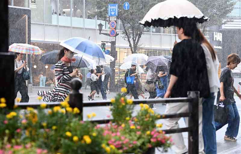 にわか雨に傘を差して歩く人たち＝19日午後2時35分ごろ、熊本市中央区の通町筋（小野宏明）