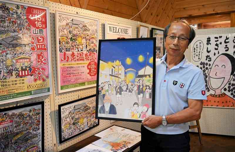 山鹿の温泉や祭りなどのイラストを独特のタッチで描く榊龍盛さん＝10日、山鹿市