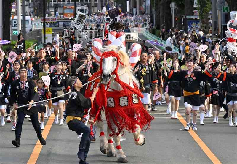 勢子のかけ声とともに、観衆に披露された「馬追い」＝16日午前、熊本市中央区の日銀熊本支店前（上杉勇太）