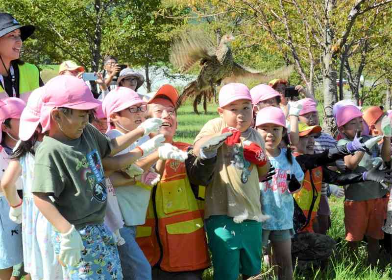 俵山に向かってキジを放つ園児ら＝17日、西原村