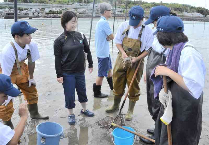 採取した魚介類を確認する天草拓心高の生徒ら＝19日、天草市