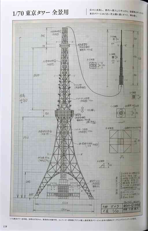 映画「ガメラ　大怪獣空中決戦」で制作した70分の1スケールの東京タワーの全体図（「特撮美術監督　三池敏夫の仕事」より）