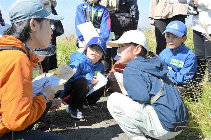 草原で見つけた動物の痕跡の説明を聞く子どもたち＝13日、阿蘇市