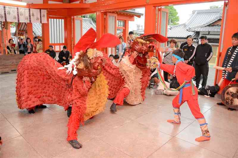 八代妙見祭の注連卸で奉納された獅子舞＝1日、八代市