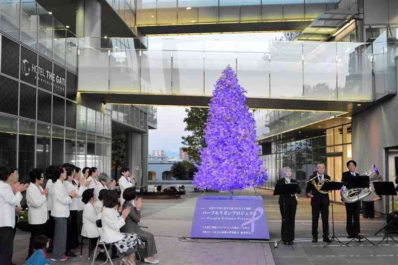 女性への暴力根絶を訴えるために設置したパープルリボンツリー＝12日、熊本市西区