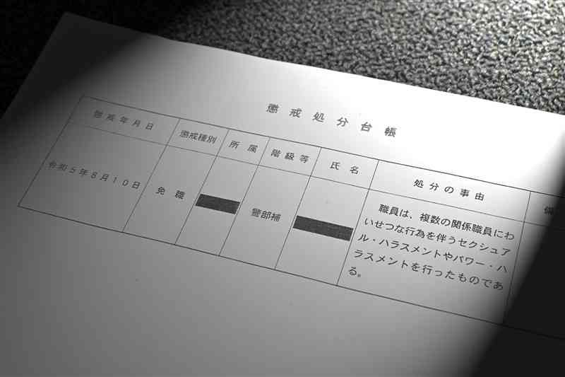 情報開示請求に対して熊本県警が出した懲戒処分台帳。警部補の処分事由について、複数職員にセクハラやパワハラを行ったと記されている