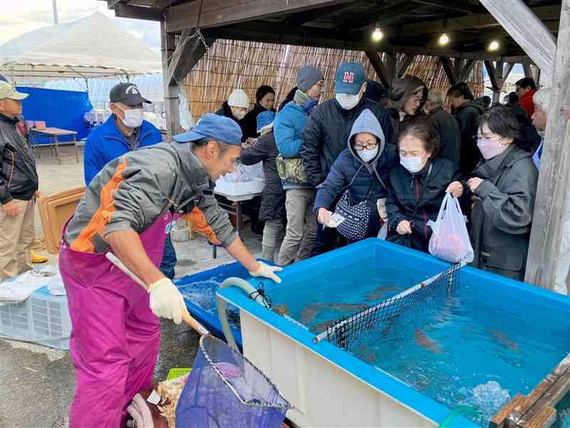 10周年を迎えた水俣漁師市で、魚介類を買い求める市民ら＝14日、水俣市