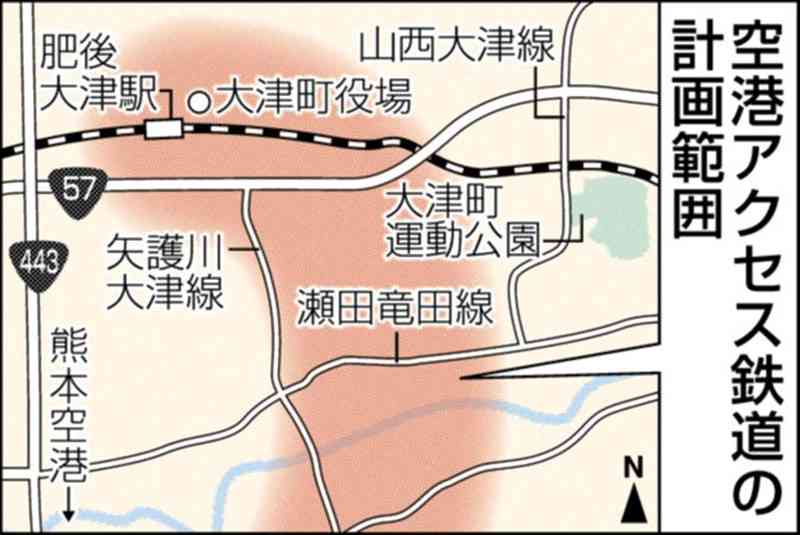 空港鉄道中間駅エリアに新道　大津町検討　国道57号と県道瀬田竜田線を結ぶ1・2キロ　交通渋滞に対応　