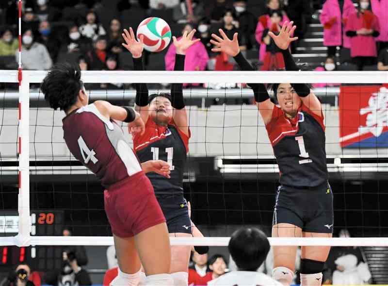 【女子準々決勝・信愛女学院－下北沢成徳（東京）】第2セット、信愛女学院の福元（11）と迫（1）がネット際で競り合う＝東京体育館