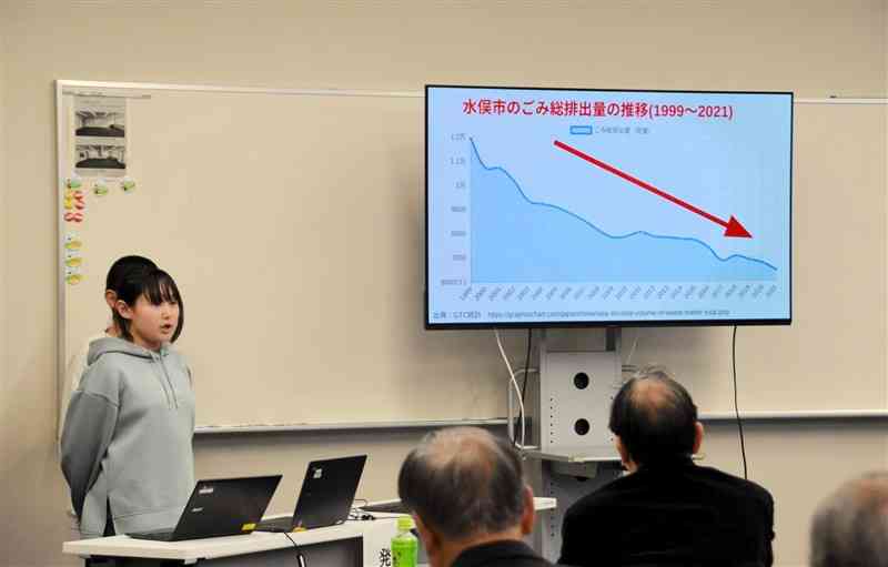 ごみの削減をテーマに発表する小学生＝7日、西原村