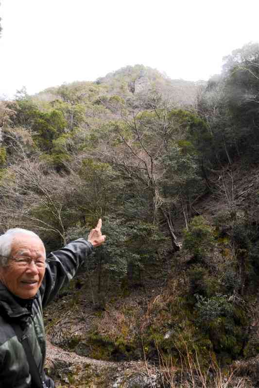 はるか上の斜面に立つ「ゴリラ岩」を指さす男性＝15日、山江村