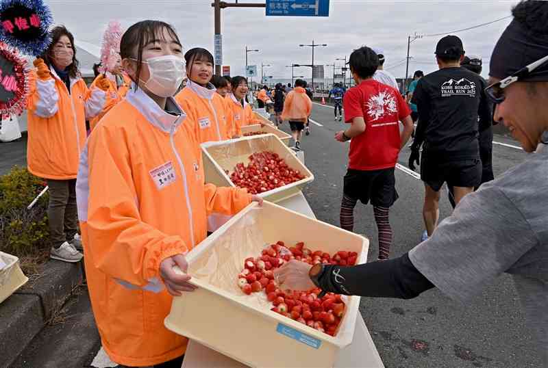 フルマラソンのランナーにイチゴを振る舞うボランティアの中学生たち＝熊本市南区（小野宏明）