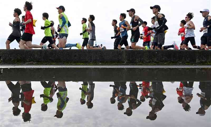 雨上がりの水たまりに映り込んだフルマラソンのランナーたち＝熊本市南区（小野宏明）