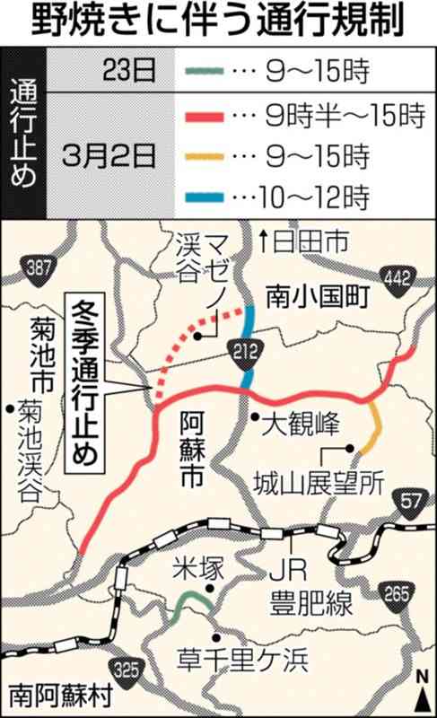 阿蘇地域の野焼きで通行止め　23日と3月2日　