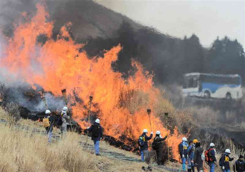 阿蘇火山博物館そばの草地で激しく燃え上がる野焼きの炎。奥は杵島岳＝22日、阿蘇市