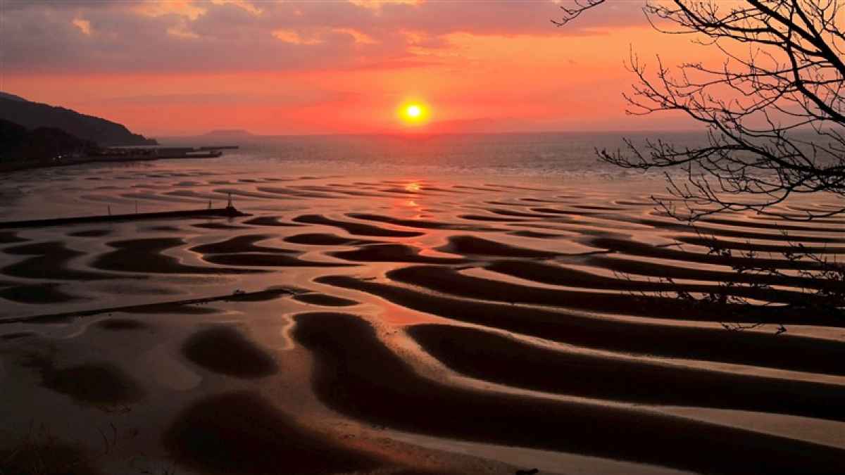 三日月形の砂紋、夕日であかね色 宇土市の御輿来海岸、絶景の季節 